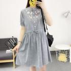 Flower Embroidered Striped Short Sleeve Dress
