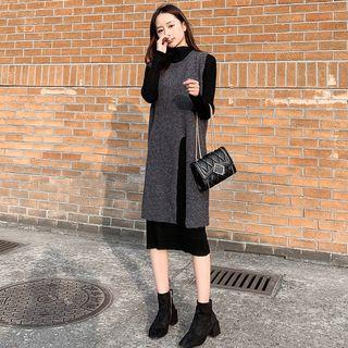 Set: Long-sleeve Shift Dress + Side-slit Overall Dress