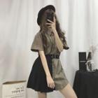 Plaid Short-sleeve Shirt Dress / Pleated Skirt
