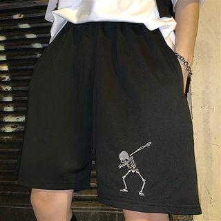 Skull Embroidered Wide-leg Shorts