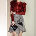 Set: Lace Blouse + Ruffle Hem Plaid Pencil Skirt
