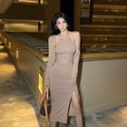 Set: Cropped Halter Top + Cardigan + Side-slit Midi Pencil Skirt