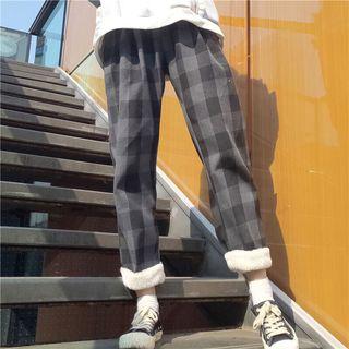 Cropped Furry-trim Plaid Pants Black - One Size