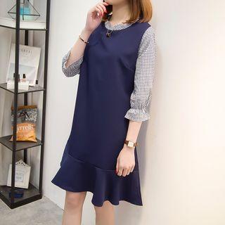 Elbow-sleeve Plaid Panel Mandarin Collar Dress