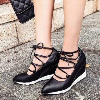 Pointed Lace-up Wedge Pumps