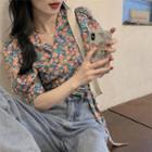 Short-sleeve V-neck Floral Print Top As Figure - One Size
