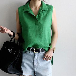 Sleeveless Half-placket Linen Shirt