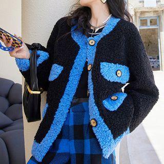 Contrast Trim Fleece Jacket / Plaid Wide Leg Pants