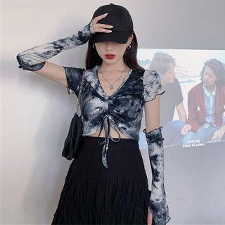 Long-sleeve Cutout Tie Dye T-shirt As Shown In Figure - One Size