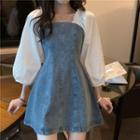 3/4-sleeve Paneled Mini A-line Denim Dress