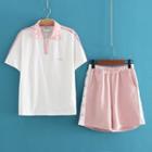 Set Of 2: Heart Embroidered Polo Shirt + Wide-leg Shorts