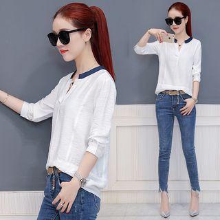 Long-sleeve Contrast Collar Top
