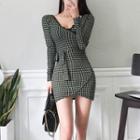 Long-sleeve Houndstooth Sheath Dress