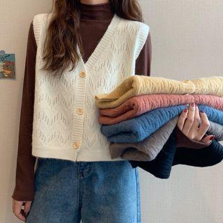 Pointelle Knit Button-up Sweater Vest / Long-sleeve Mock-neck T-shirt