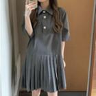 Elbow-sleeve Polo-neck Pleated Mini A-line Dress Gray - One Size