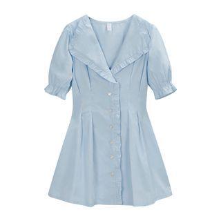 Puff-sleeve V-neck Plain Ruffled-trim Shirtdress