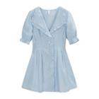 Puff-sleeve V-neck Plain Ruffled-trim Shirtdress