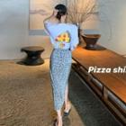 Short-sleeve Pizza Print T-shirt / Floral Print Midi Skirt