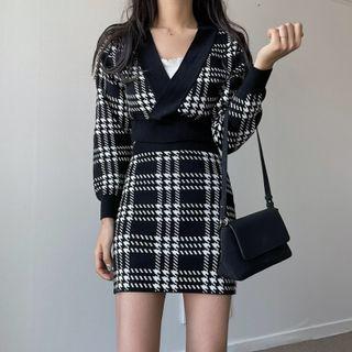 Set: V-neck Plaid Sweater + Mini Pencil Skirt