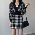 Set: V-neck Plaid Sweater + Mini Pencil Skirt