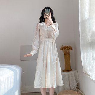 Long-sleeve Sashed Midi A-line Chiffon Dress