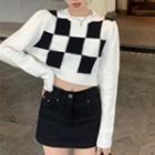 Cropped Plaid Sweater Black & White - One Size