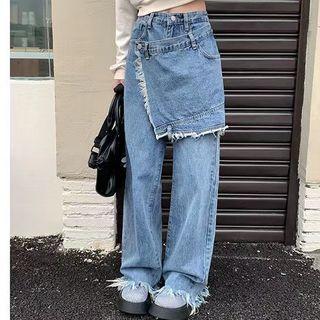 Mock Two-piece Fray Hem Wide Leg Jeans