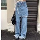 Mock Two-piece Fray Hem Wide Leg Jeans