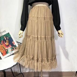 Elastic-waist Layered Mesh A-line Skirt