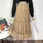 Elastic-waist Layered Mesh A-line Skirt