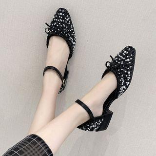 Beaded Ribbon Accent Block Heel Dorsay Pumps