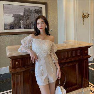 Sequin Off-shoulder Top / High-waist Double-breasted Shorts