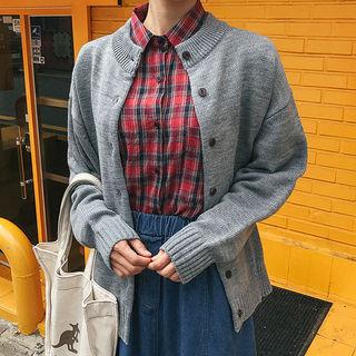 Crew-neck Drop-shoulder Colored Cardigan