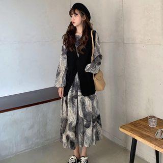 Long-sleeve Tie-dye A-line Midi Dress / Open-front Vest