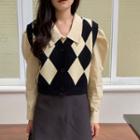 Sleeveless Argyle Cardigan Vest - One Size