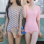 Dotted Elbow Sleeve Swimsuit