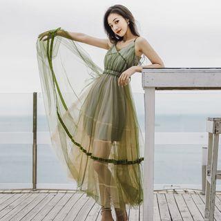 Tie-back Spaghetti Strap Mesh Midi A-line Dress