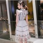 Contrast Trim Sleeveless Ruffled A-line Lace Dress