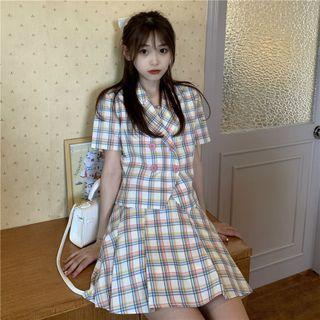 Short-sleeve Plaid Double-breasted Blazer / Mini A-line Skirt