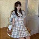 Short-sleeve Plaid Double-breasted Blazer / Mini A-line Skirt