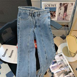 Mid Rise Beaded Straight Leg Jeans