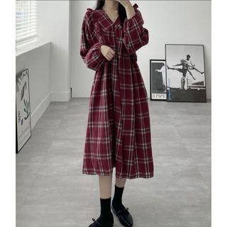 Long-sleeve Collared Frill Trim Plaid Midi A-line Dress