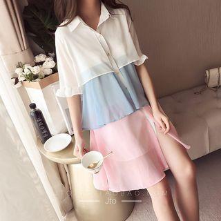 Elbow-sleeve Layered Chiffon Mini Dress