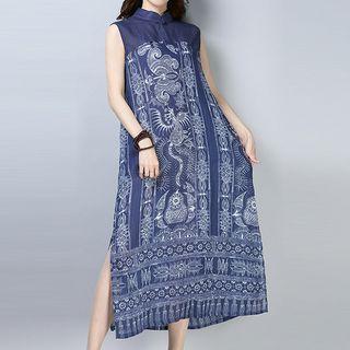 Print Sleeveless Mandarin Collar Midi Dress