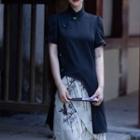 Short-sleeve Asymmetrical Cheongsam Top / Floral Print Midi A-line Skirt / Set