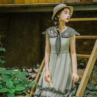 Sleeveless Floral Embroidered Drawstring A-line Dress