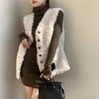 Mock-neck Ribbed Knit Dress / Faux Shearling Button-up Vest