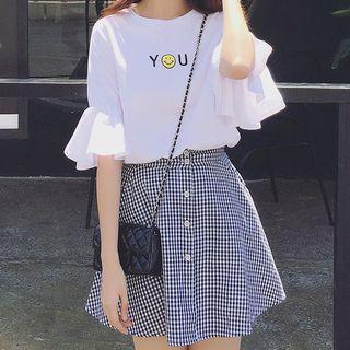 Set: Printed Tee + Checked Skirt