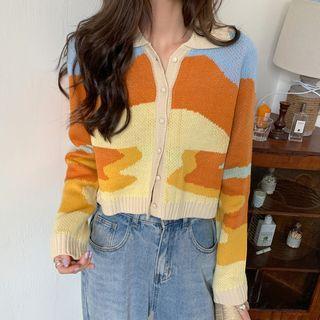 Collared Color Panel Cardigan Beige - One Size