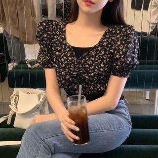 Floral Short-sleeve Shirred Cropped Blouse